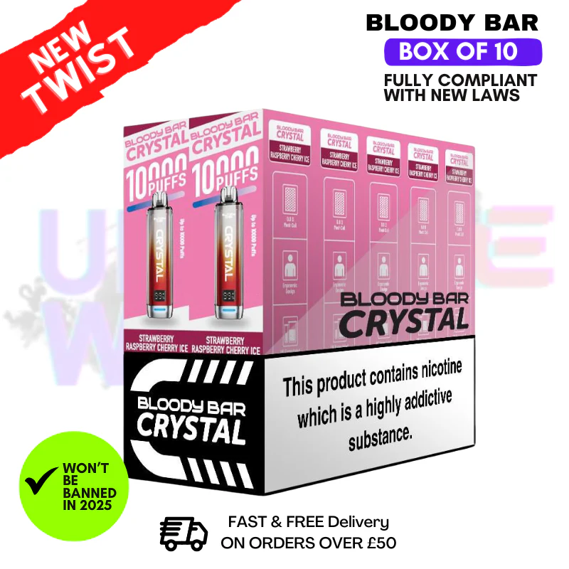 Straw Rasp Cherry ICE Bloody Bar Crystal 10K Puff Box Of 10